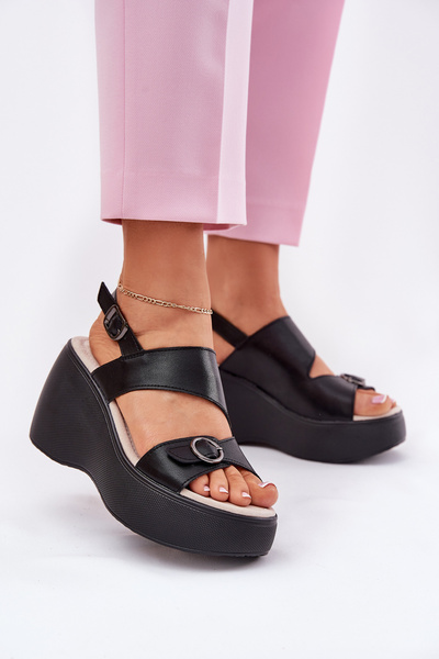 Sandales En Cuir Pour Femmes Sur Talon Et Plateforme S.Barski LR51-540 Noires