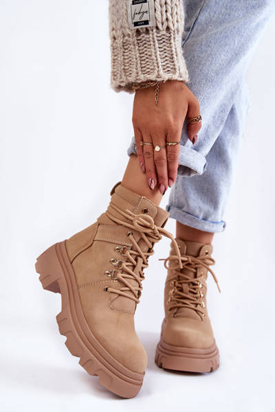 Bottines chaudes à lacets en cuir Beige Merisha