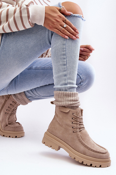 Damen Trapper-Stiefel mit Reißverschluss Beige Apolosi