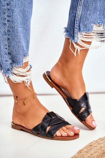 Damen Schlangenhaut Flip Flops Schwarz Chance