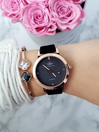 Damenuhr Michael John Evento Schwarz Wildleder Brokat Armband