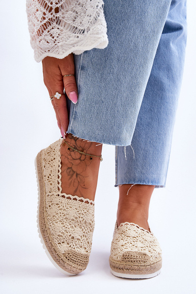 Lace Slip On Espadrilles Beige Blanco