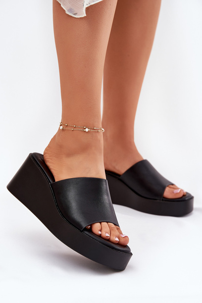 Sandales à Talon Wedge Femme Cuir Écologique Noires Obenae
