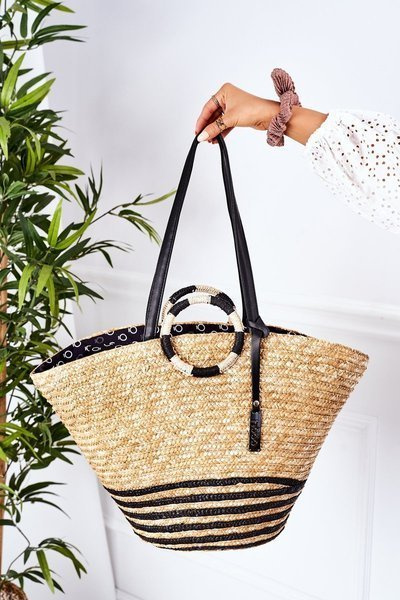 Geflochtener Strandkorb Handtasche NOBO XK0370 Beige und Schwarz
