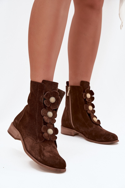 Wildleder Damen Stiefeletten mit dekorativen Blumen Zazoo 3085 braun