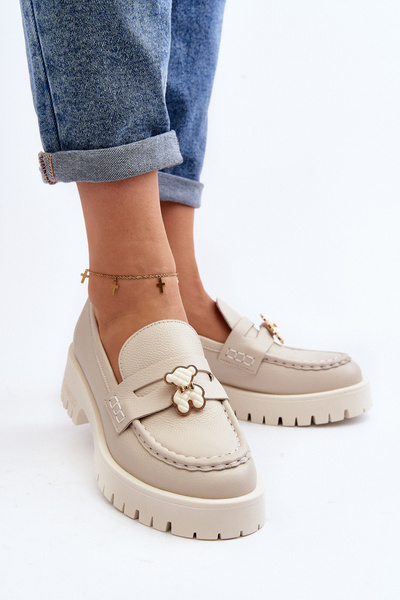 Mocasini din piele cu urs CheBello 4291 bej deschis