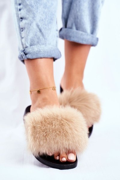 Claquettes Femme Avec Fourrure Naturelle Beige Bushido