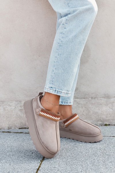Bottes de neige basses pour femmes avec bande mobile et broderie sur plateforme beige foncé Lyrisse