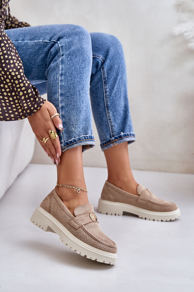 Damen Halbschuhe Mokassins Mit Goldenem Detail Khaki Arilva