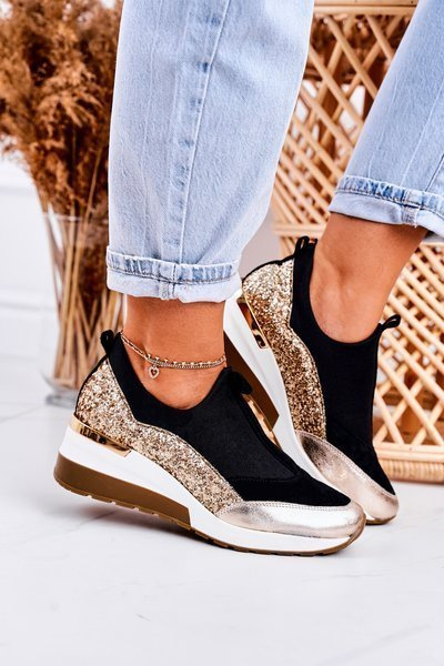 Damen Leder Knöchel Sneakers Schwarz Gold Frances