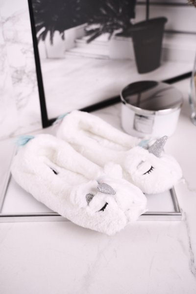 Papuci pentru femei cu blana unicorn alb curcubeu