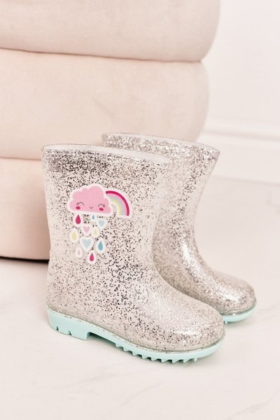 Gyermek csillogó esőcsizma felhővel, ezüst