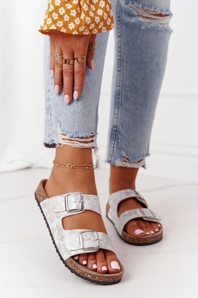 Damen Kork Flip Flops mit Schnallen Silber Vivio