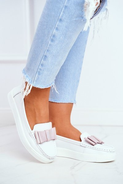Mokassins Femme Cuir Blanc Rose Lovren