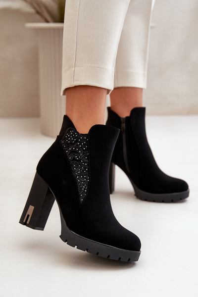 Bottines Femme Chaudes À Talon Haut Et Broderie Noir Verissae