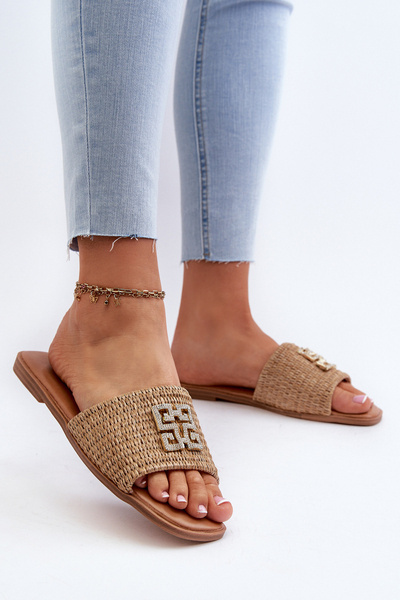Flache Damenpantoffeln mit Flechten und Verzierung Beige Omenna