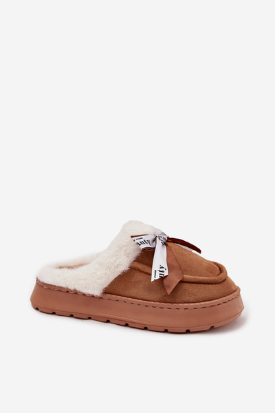Chaussons pour femmes avec fourrure et nœud marron Fenella