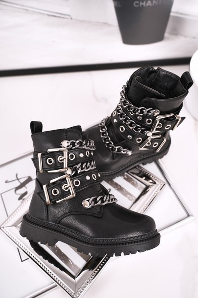 Children's Boots Warm With Fur Buckles Chain Black Fun Time