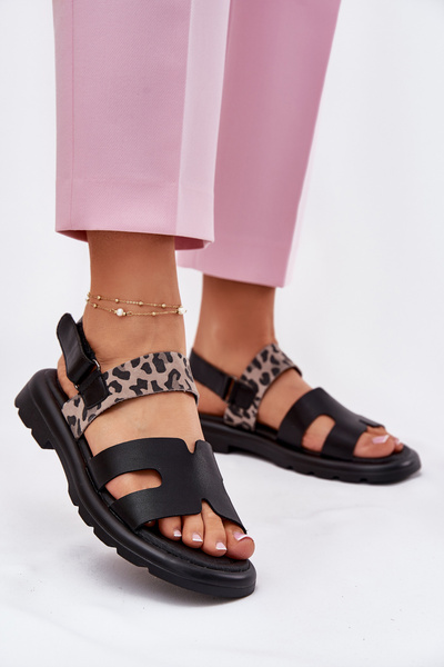 Leder Damen Sandalen Mit Flachem Absatz Panther Vinceza 66780 Schwarz