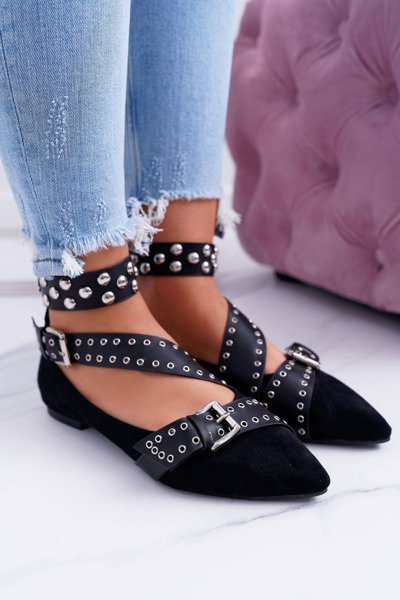 Lu Boo | Black Strappy Balerina Rivets Pointed Esteria