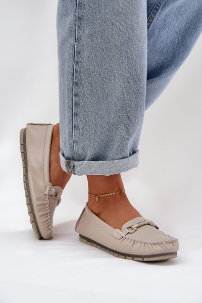 Mocassins En Cuir Plat Avec Décoration S.Barski LR51-547 Beige