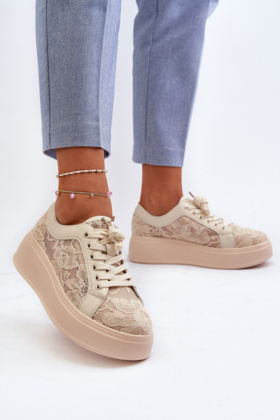 Baskets Dames En Dentelle Sur Plateforme S.Barski HY51-059 Beige