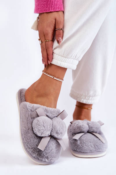 Women's Fur Slippers With Pompoms Grey Castello