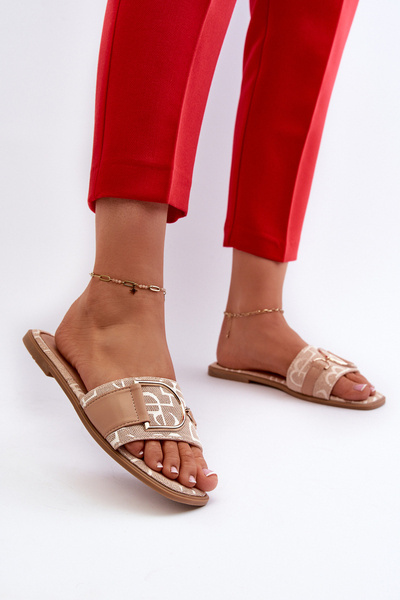 Tongs Femme Brillantes avec Embellissement Beige Taleci