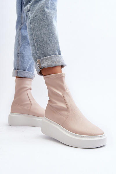 Zazoo 3395 Damen Leder Stiefeletten auf massiver Plateausohle Beige