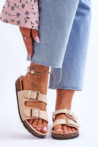 Damensandalen auf Korkplattform mit Streifen Beige Doretta