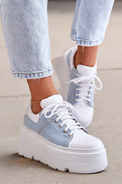 Baskets En Cuir Sur Plateforme Massive Denim Blanc Lewski 3586
