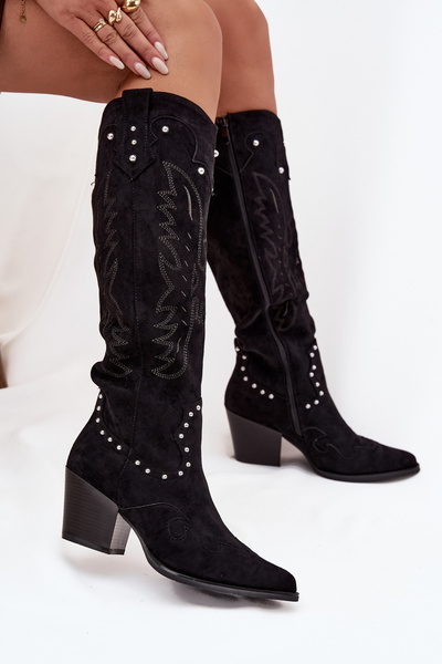 Bottes De Cow-boy En Cuir Pour Femmes Avec Décoration Sur Le Talon Noire Darella