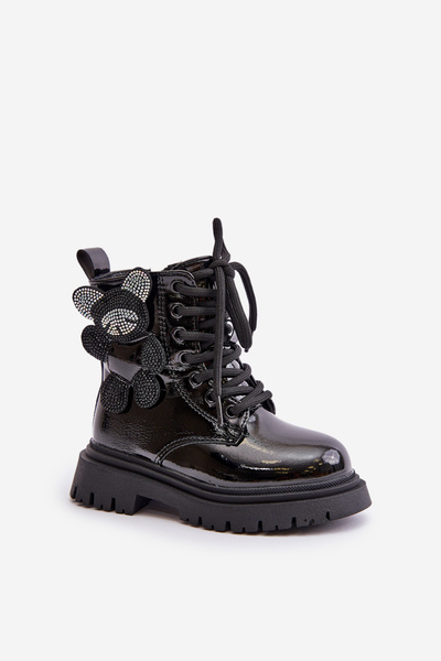 Bottines Fille Isolées Avec Fermeture Éclair Ours En Peluche Laqué Noir Relobia