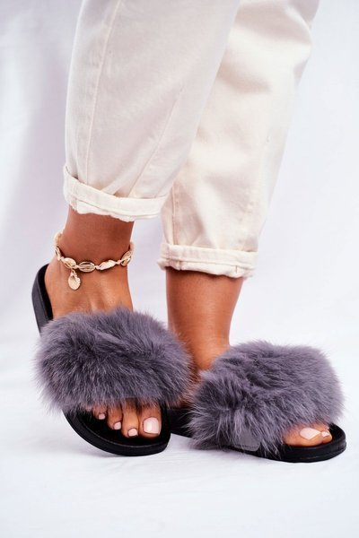 Pelzige Damen Flip Flops Grau Belmondo