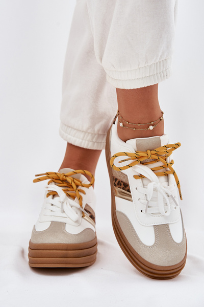 Damen Sneakers Auf Plattform Mit Doppelter Schnürung Leopardenmuster Weiß Niteria