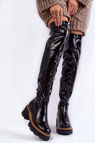 Modischer Lackleder Damenstiefel Overknee Schwarze Venise