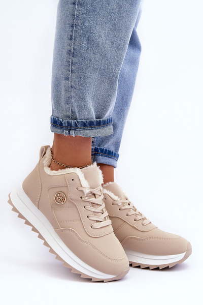 Platform Sport Leather Shoes with Fleece Lining Beige Adite