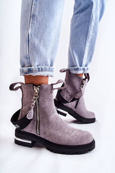 Warme Damenstiefel mit Reißverschluss Grau Calvaro