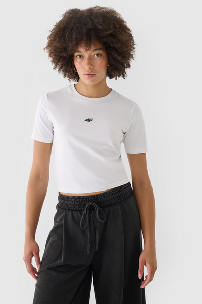 Tricou Din Bumbac Femei Slim Cropped 4F Alb 4FWAW24TTSHF1701-10S