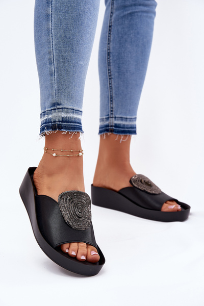 Leder Damen Sandalen Mit Dekoration KV51-028 Schwarz