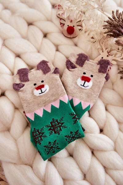 Socks de Crăciun amuzant pentru femei și fulgi de zăpadă verde-bej