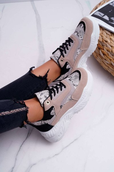 Sportliche Damenstiefel mit dicker Sohle Beige Schlange Miltru