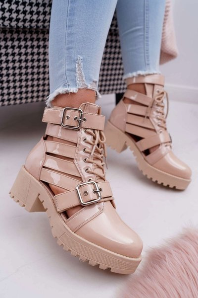Bottines de printemps à talon plat pour femmes laquées beiges simples