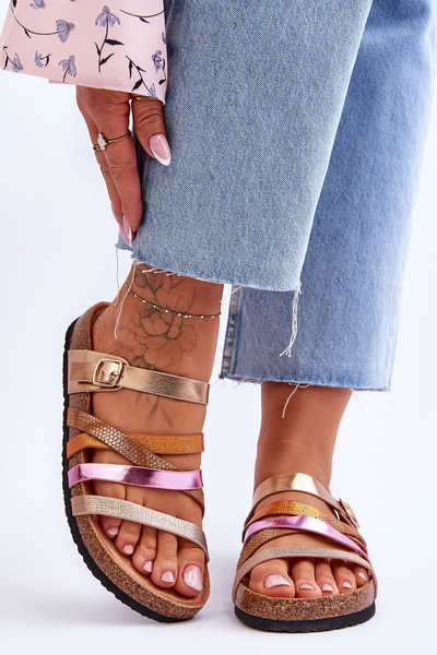 Plateau-Hausschuhe für Damen mit goldenen Streifen Clover