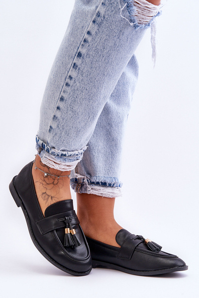 Classic Fringed Leather Loafers Black Camis