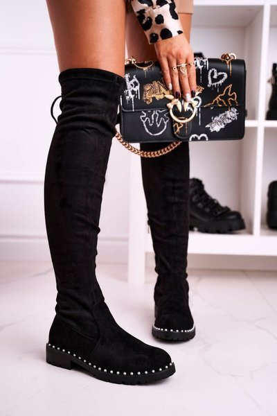 Kniehohe Stiefel mit Perlen Schwarzes Wildleder Isabel