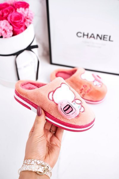 Chaussons d'intérieur pour enfants avec ours rose vif Go To School