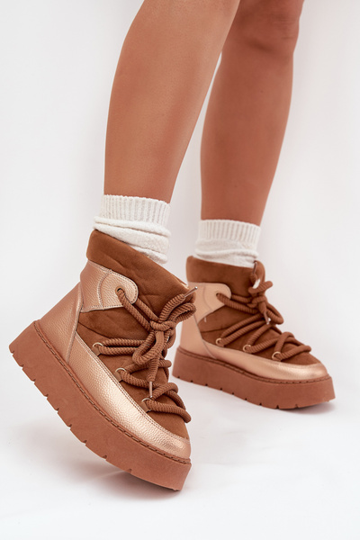 Bottes à Neige Basses Femme Doublées De Fourrure Avec Lacets Épais Camel Xarina