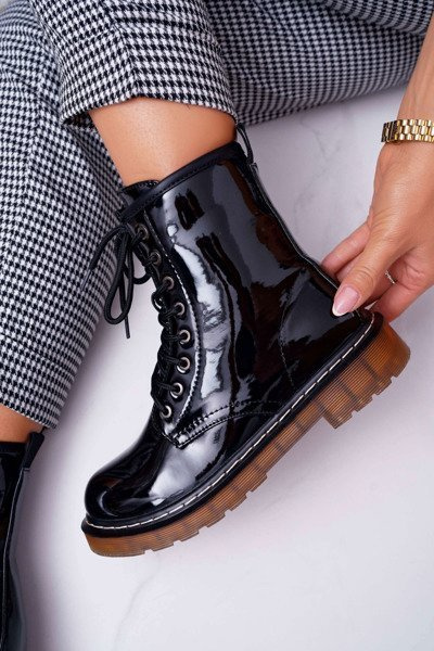 Women's Flat Heeled High Heel Boots Varnished Black Martenis
