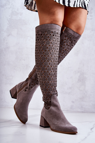 Openwork Suede High Boots Grey Hekilea